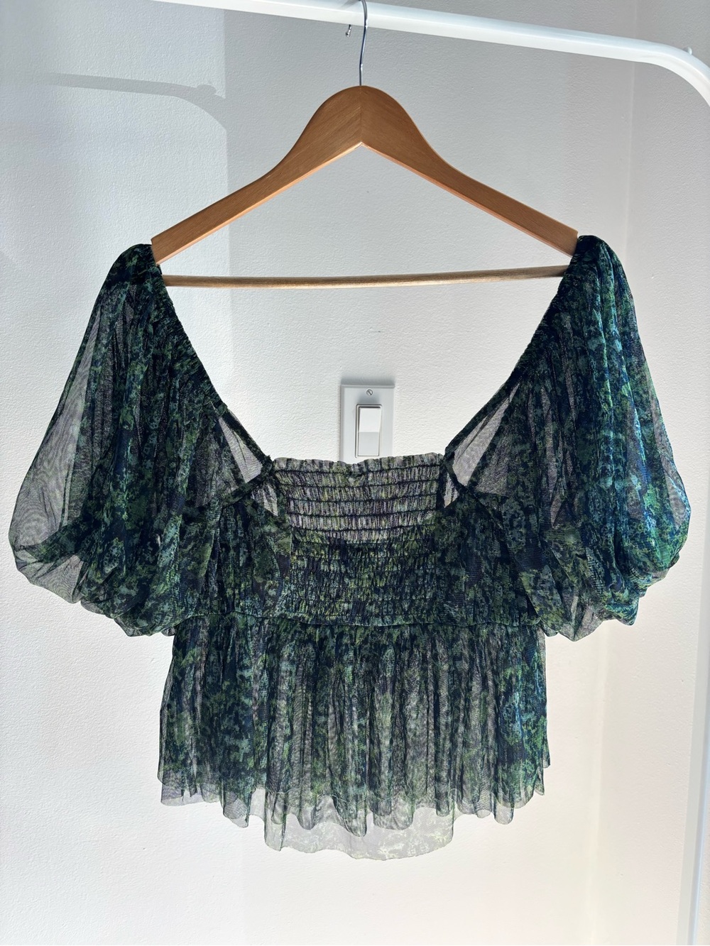 Free People Sheer Smocked Peasant Top in Dark Green Floral Size S